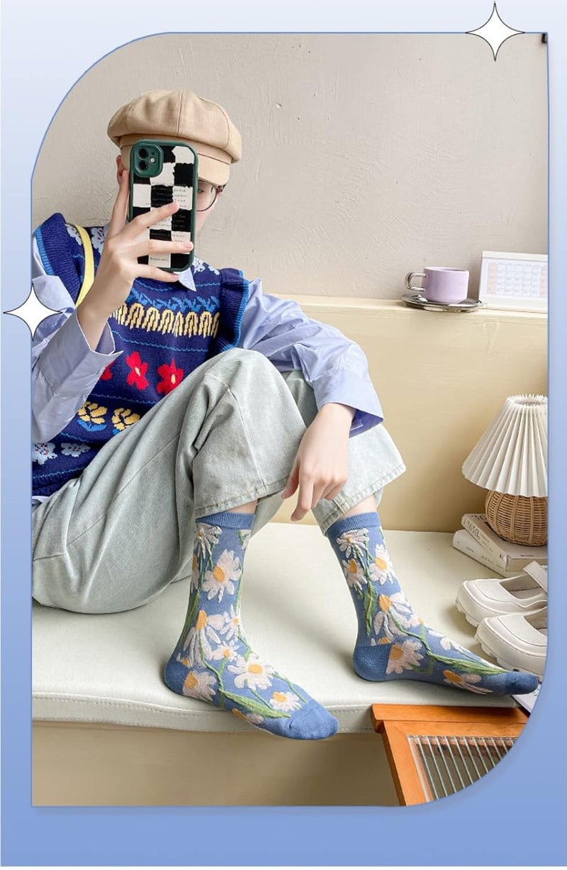 MarJunSep Cute Floral Crew Socks for Women Teen Girls Flower Cottagecore Frilly Vintage Fancy Cotton Socks - Image 3